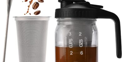 TECHSHARE Cold Brew Coffee Maker Jar 32oz – Heavy Duty Mason Pitcher with Stainless Steel Filter, Wide Mouth Spout Lid & Handle for Iced Coffee, Tea, Lemonade, and Fresh Fruit Drinks