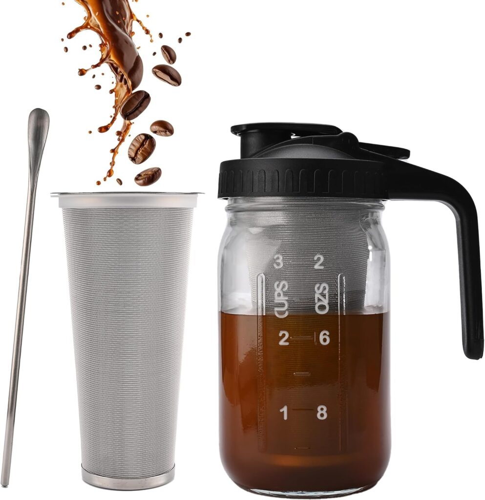 TECHSHARE Cold Brew Coffee Maker Jar 32oz – Heavy Duty Mason Pitcher with Stainless Steel Filter, Wide Mouth Spout Lid & Handle for Iced Coffee, Tea, Lemonade, and Fresh Fruit Drinks