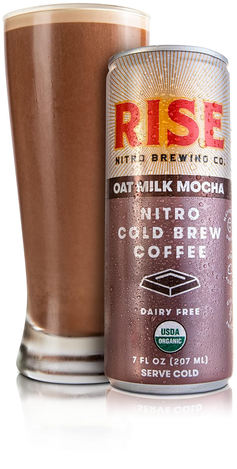 RISE Brewing Co. | Oat Milk Mocha Nitro Cold Brew Latte (4 7 fl. oz. Cans) – USDA Organic, Non-GMO | Vegan & Dairy Free | Draft Nitrogen Pour, Clean Energy, Low Acidity & Refreshingly Smooth