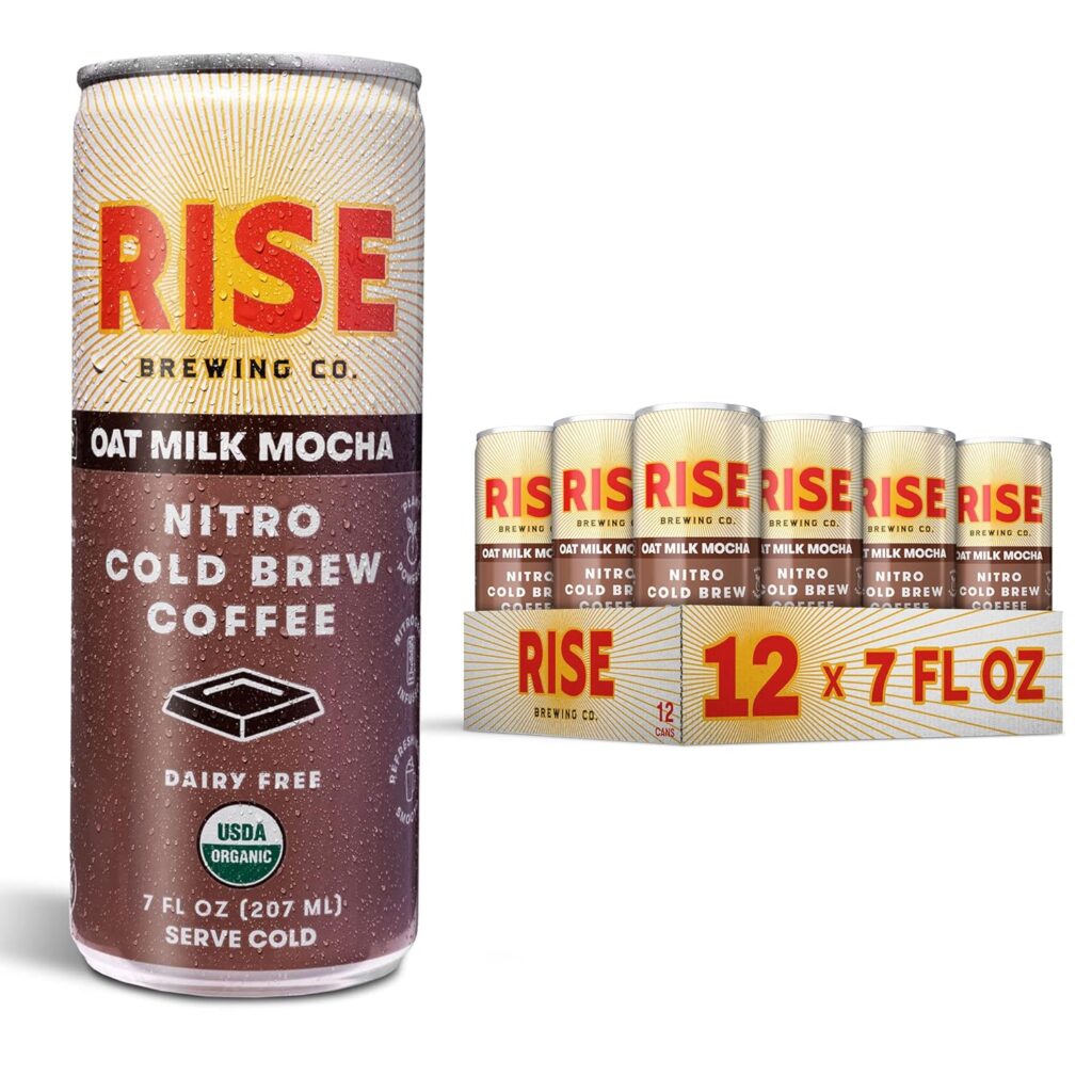 RISE Brewing Co. Oat Milk Mocha Nitro Cold Brew Latte, Vegan & Non-Dairy, Organic, Non-GMO, Low Acidity, 7 fl. oz. Cans (12 Pack)