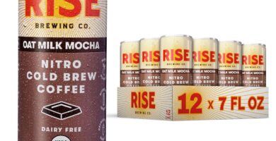 RISE Brewing Co. Oat Milk Mocha Nitro Cold Brew Latte, Vegan & Non-Dairy, Organic, Non-GMO, Low Acidity, 7 fl. oz. Cans (12 Pack)