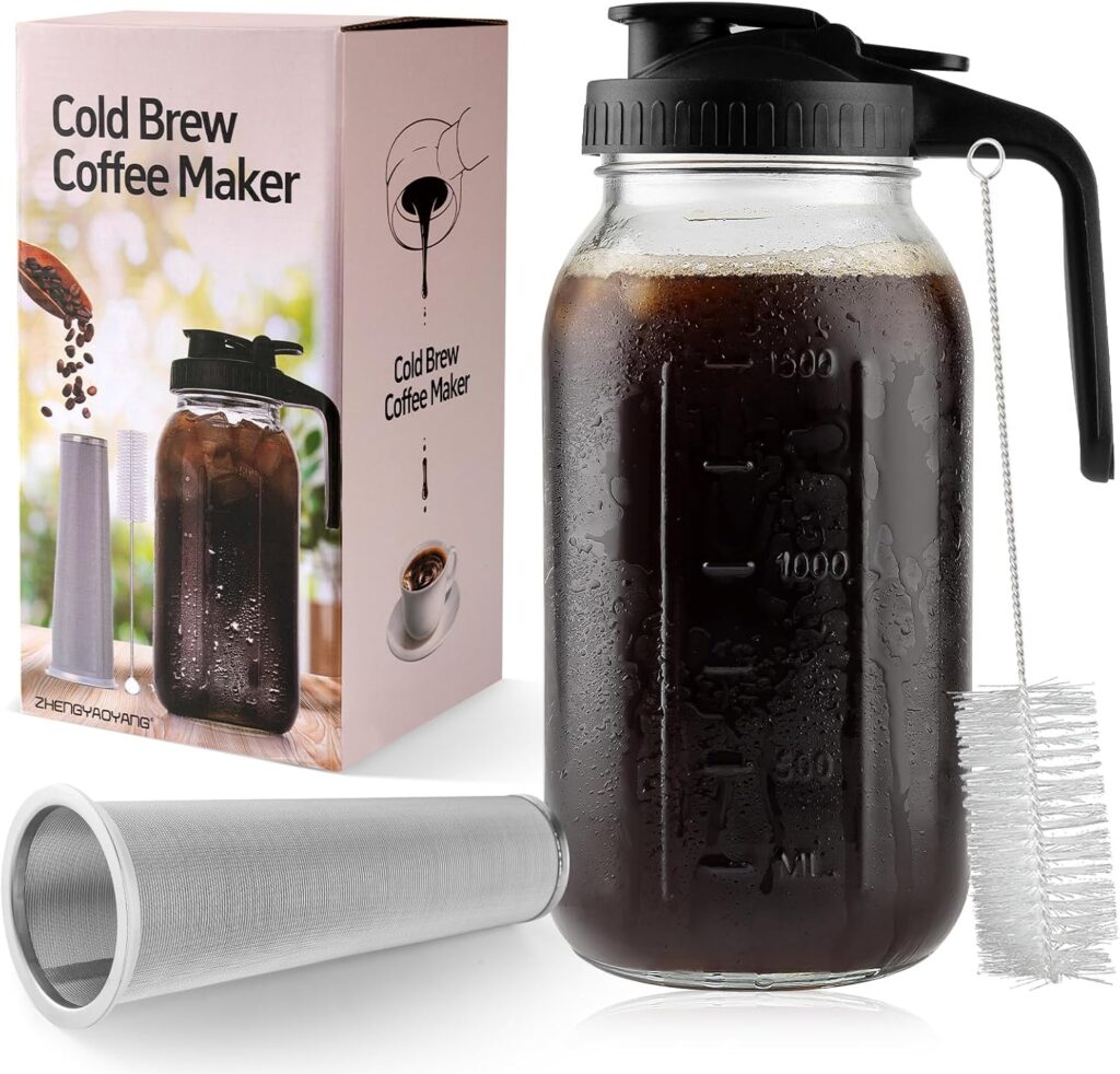 Cold Brew Coffee Maker, 64 oz Glass Pitcher with Mesh Filter, 2 Quart Mason Jar with Lid