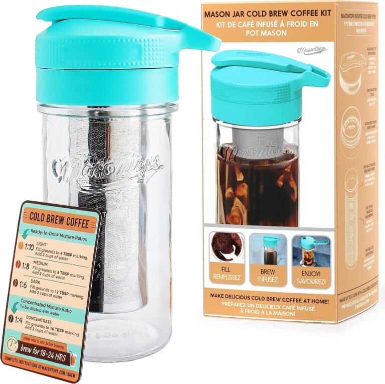 Masontops Cold Brew Makers Kit – Deluxe Iced Coffee Maker with Glass Pitcher & Stainless Steel Mesh Filter – Easy Pour Fridge Cold Brewer System
