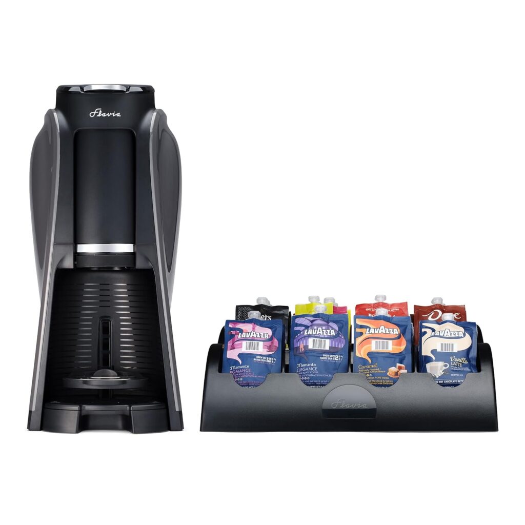Flavia Aroma Brewer Bundle with 84 Freshpacks and 1 Merchandiser – Coffee Machine, Makes Coffee, Lattes, Tea, and other Hot or Iced Beverages with Single-Serve Freshpacks, Multiple Brew Sizes, Grey