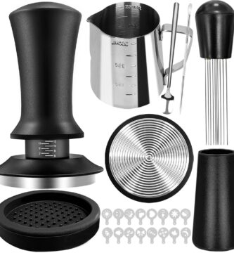 22 PCS Coffee Tamper Set, Espresso Accessories Tampers kit Barista Tools with 51mm Espresso Tamper, WDT Tool, Frothing Pitcher, Coffee Stirrer, Latte Art Pen, Tamper Mat, 16 Coffee Stencils
