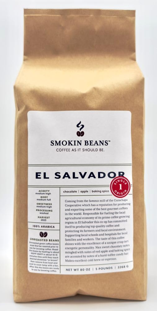 5-Pound El Salvador, Unroasted Green Arabica Coffee Beans, Fresh Current Crop Specialty Grade, Roast the Beans Yourself at Home on Your Roasting Equipment Prior to Using for Brewing Coffee