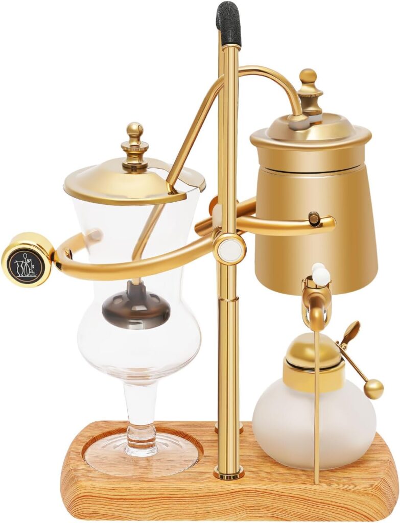 Gold Siphon Coffee Maker, 400ml Vintage Vacuum Coffee Brewer with Wooden Base, Electric Glass Balance Siphon Pot for Home, Kitchen, Coffee Shop – Manual Brewing Equipment with Measuring Cup & Spoon