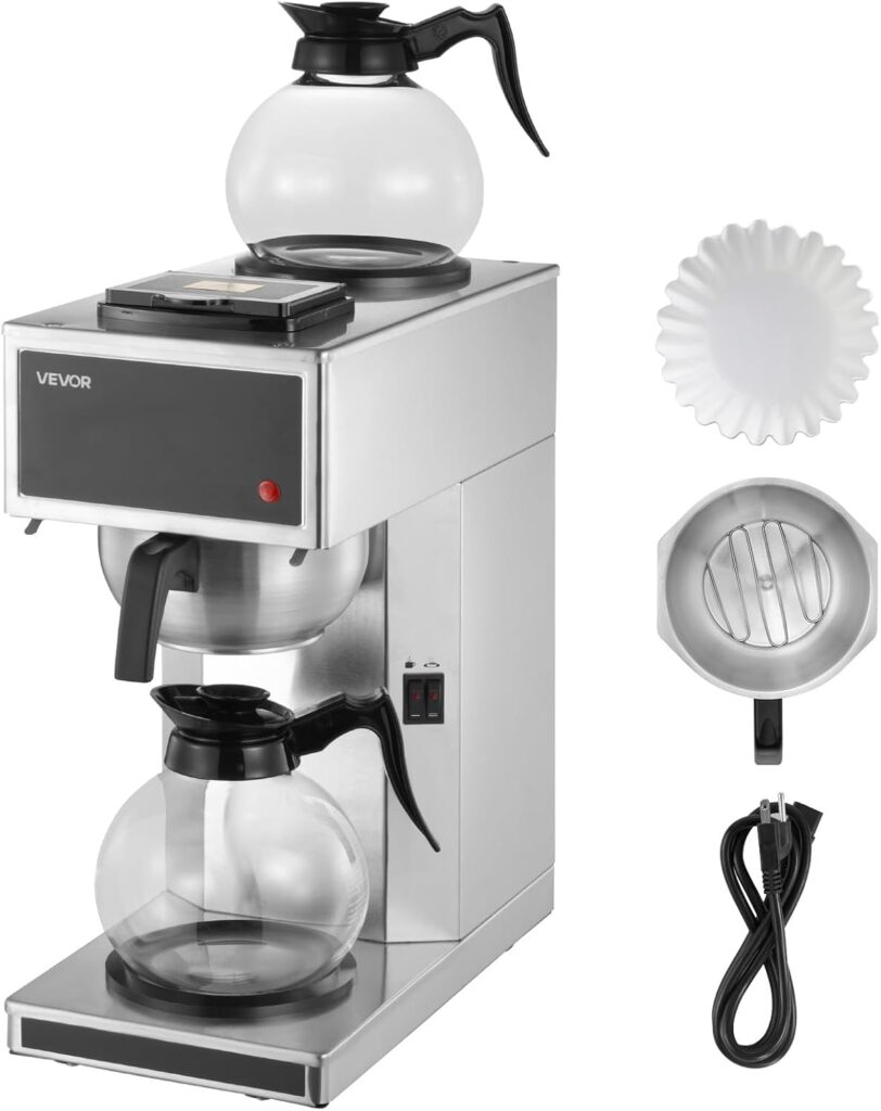 VEVOR Commercial Drip Coffee Maker, 12 Cups Coffee-Maker Machine with 2 Glass Carafes and 2 Decanter Warmer Plates, Stainless Steel Drip Style Coffee Brewer, for Restaurant, Office, Coffee Shop & Home