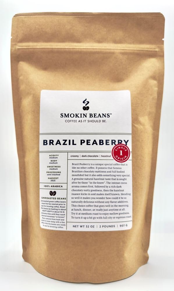 2-Pound Brazil Peaberry, Unroasted Green Arabica Coffee Beans, Fresh Current Crop Specialty Grade, Roast the Beans Yourself at Home on Your Roasting Equipment Prior to Using for Brewing Coffee