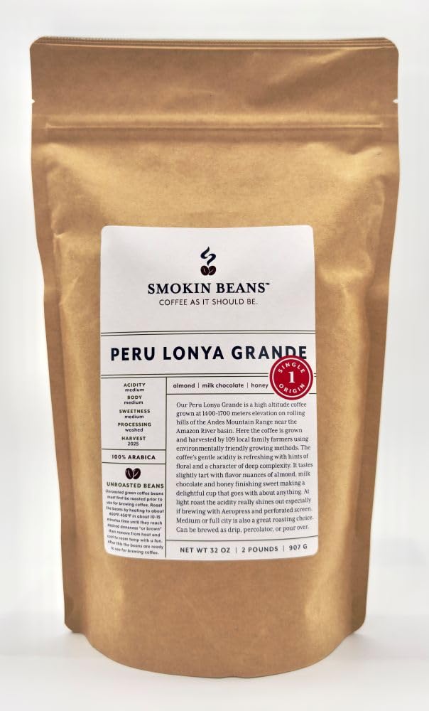 2-Pound Peru Lonya Grande, Unroasted Green Arabica Coffee Beans, Fresh Current Crop Specialty Grade, Roast the Beans Yourself at Home on Your Roasting Equipment Prior to Using for Brewing Coffee