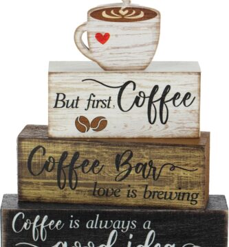 4 Pcs Wooden Coffee Bar Tabletop Decor Coffee Tiered Tray Decor Rustic Wood Bar Sign Gift Farmhouse Table Centerpiece Farmhouse Decorations for Home Kitchen