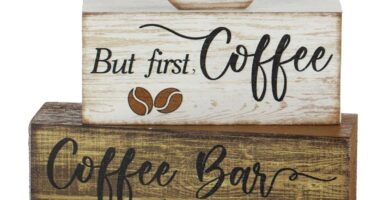 4 Pcs Wooden Coffee Bar Tabletop Decor Coffee Tiered Tray Decor Rustic Wood Bar Sign Gift Farmhouse Table Centerpiece Farmhouse Decorations for Home Kitchen