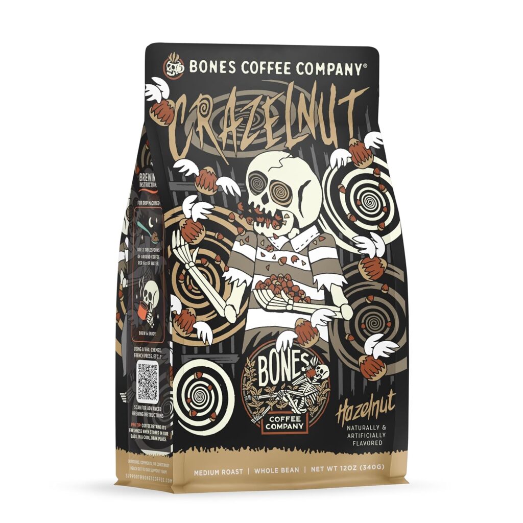 Bones Coffee Company Crazelnut, Hazelnut Flavored Coffee, Medium Roast Low Acid Arabica Beans Compatible with Auto drip and French Press Coffee Maker, 12 Oz Whole Bean