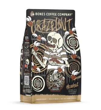 Bones Coffee Company Crazelnut, Hazelnut Flavored Coffee, Medium Roast Low Acid Arabica Beans Compatible with Auto drip and French Press Coffee Maker, 12 Oz Whole Bean