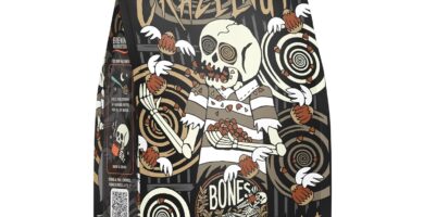 Bones Coffee Company Crazelnut, Hazelnut Flavored Coffee, Medium Roast Low Acid Arabica Beans Compatible with Auto drip and French Press Coffee Maker, 12 Oz Whole Bean