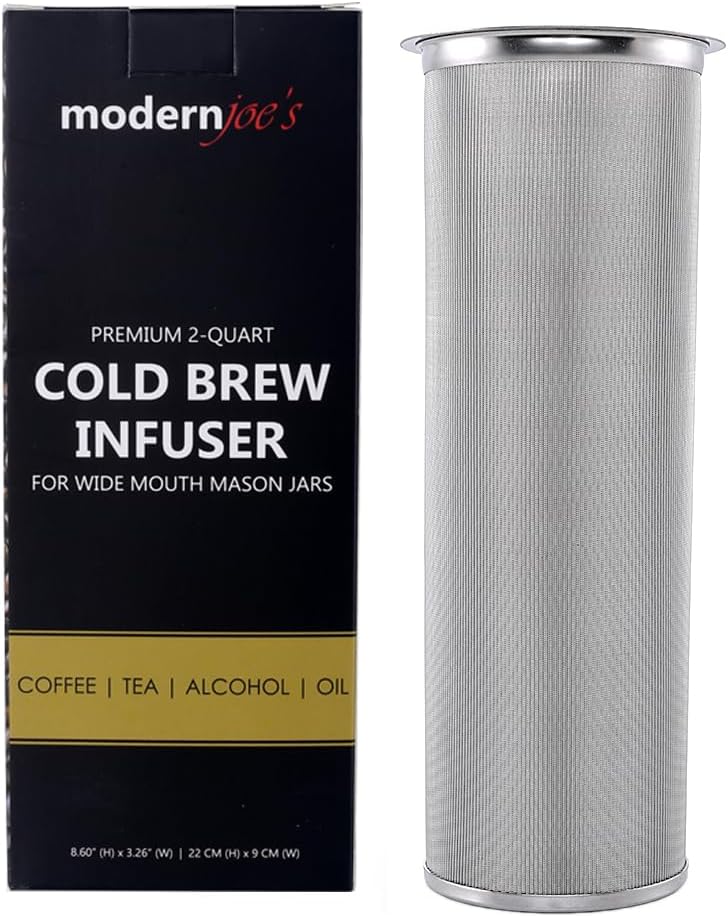MODERNJOE’S Premium Infuser Cold Brew Coffee Maker for 2 Quart Wide Mouth Mason Jars. Cold Brew Coffee Filter. Iced Coffee and Tea. Heavy Duty Gauge 100 Micron Mesh 304 Stainless Steel