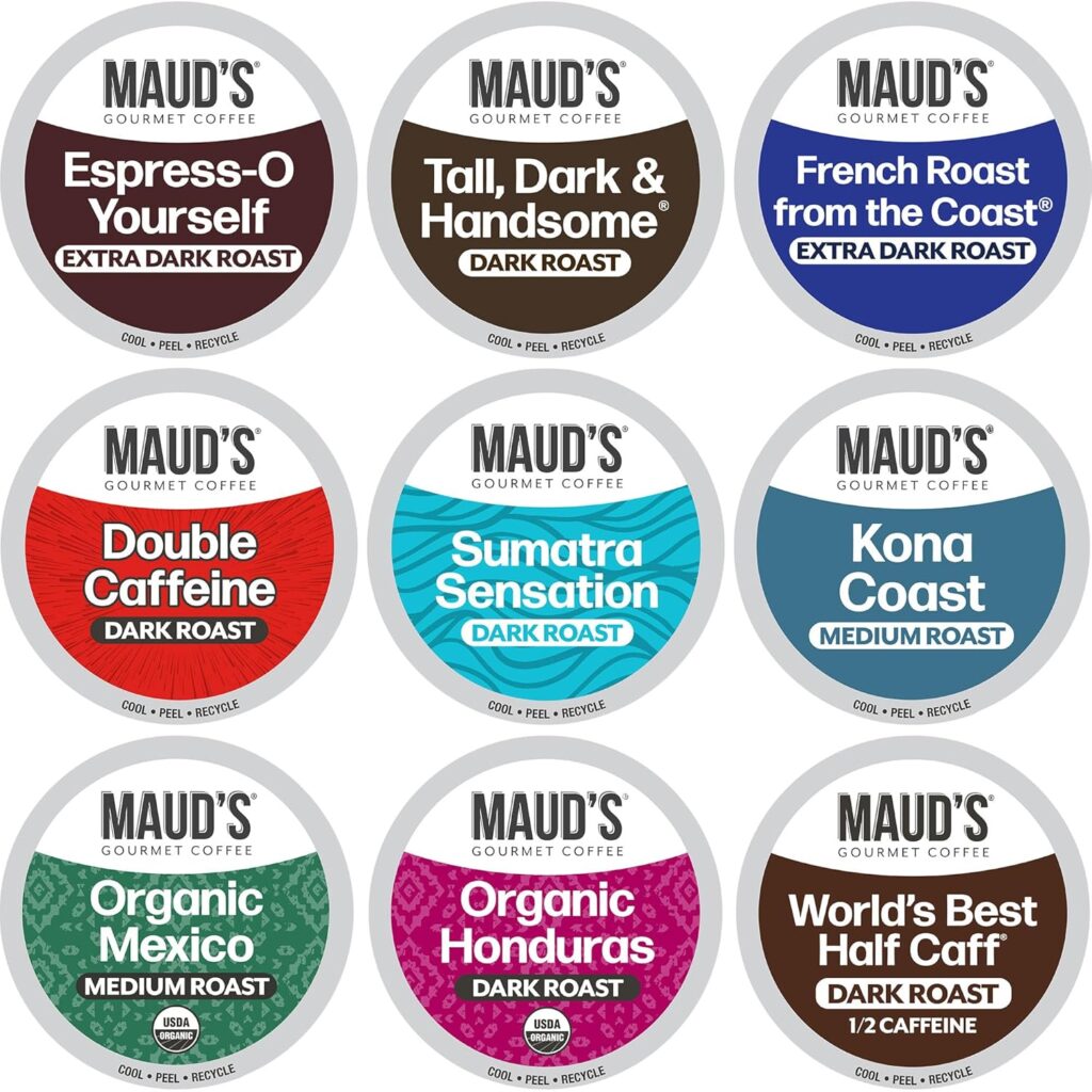 Maud’s Bold Dark Roast Coffee Pods Variety Pack, 40 ct, 9 Assorted Dark Roast Flavors in Recyclable Single Serve Pods – 100% Arabica Coffee, Compatible with Keurig K Cups Maker