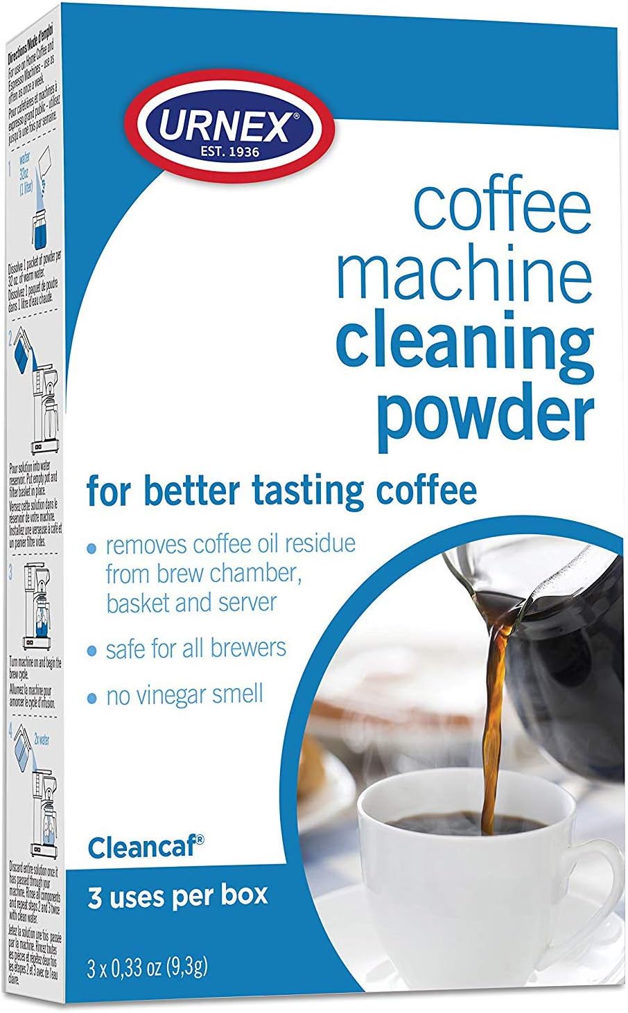 Urnex Coffee Maker and Espresso Machine Cleaner Cleancaf Powder – 3 Packets – Safe On Keurig Delonghi Nespresso Ninja Hamilton Beach Mr Coffee Braun