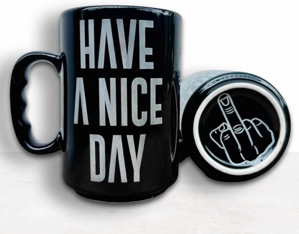 17 Oz Funny Black Coffee Mug — Have A Nice Day with Middle Finger — Large Engraved Ceramic Mug, Funny Gag Gift for Men Women Coworkers, White Elephant Birthday Christmas Gift
