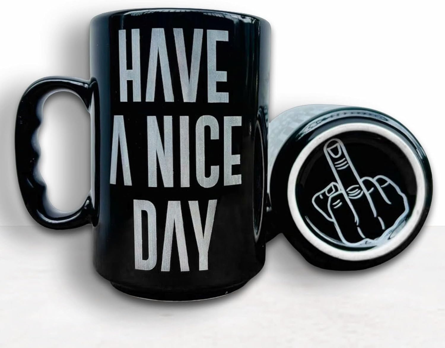17 Oz Funny Black Coffee Mug — Have A Nice Day with Middle Finger — Large Engraved Ceramic Mug, Funny Gag Gift for Men Women Coworkers, White Elephant Birthday Christmas Gift