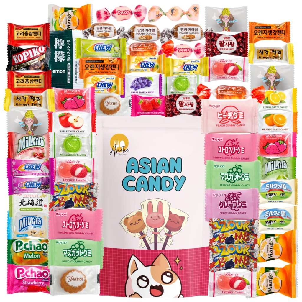 Asian candy mystery gift box, 60 count variety pack of Japanese and Korean treats, sweet sampler of chewy, fruity, and chocolate snacks, fun surprise box for kids, teens, and candy lovers