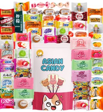 Asian candy mystery gift box, 60 count variety pack of Japanese and Korean treats, sweet sampler of chewy, fruity, and chocolate snacks, fun surprise box for kids, teens, and candy lovers