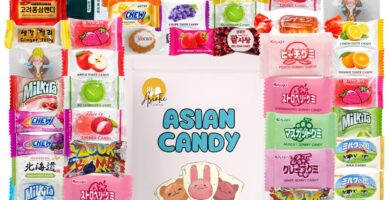Asian candy mystery gift box, 60 count variety pack of Japanese and Korean treats, sweet sampler of chewy, fruity, and chocolate snacks, fun surprise box for kids, teens, and candy lovers