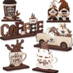Blosssound 6 Pcs Coffee Bar Decor Sign Coffee Bar Accessories Farmhouse Gnomes Rustic Table Centerpiece Wood Tiered Tray Decor Table Signs for Home Kitchen Ornament