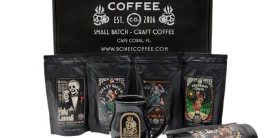 Bones Coffee Company Favorite Flavors Sample Pack Box Set with Specialty Coffee Mug, 5 Assorted Single-Origin Low Acid Medium Roast Arabica Beans Flavored Coffee Gifts, 4 oz Pack of 5 Ground