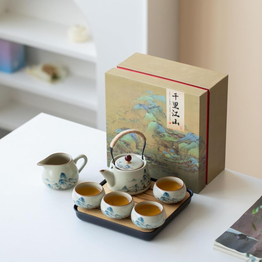 Chinese Gongfu Tea Set, 7-Piece Ceramic Set with Landscape Design, Travel Case, Spill-Proof Tray, Gift Box