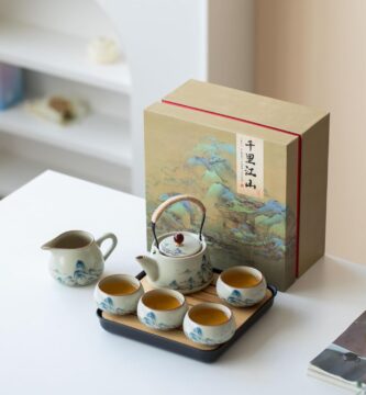 Chinese Gongfu Tea Set, 7-Piece Ceramic Set with Landscape Design, Travel Case, Spill-Proof Tray, Gift Box Chinese Gongfu Tea Set, 7-Piece Ceramic Set with Landscape Design, Travel Case, Spill-Proof Tray, Gift Box