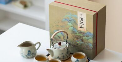 Chinese Gongfu Tea Set, 7-Piece Ceramic Set with Landscape Design, Travel Case, Spill-Proof Tray, Gift Box