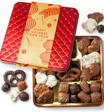 Chinese New Year Chocolate Gift Tin – Gourmet Chocolate Assortment Gift Box, Red Candy Tin with Premium Milk & Dark Chocolates, Lunar New Year Gift for Family Friends Coworkers, Holiday Treats- Bonnie and Pop