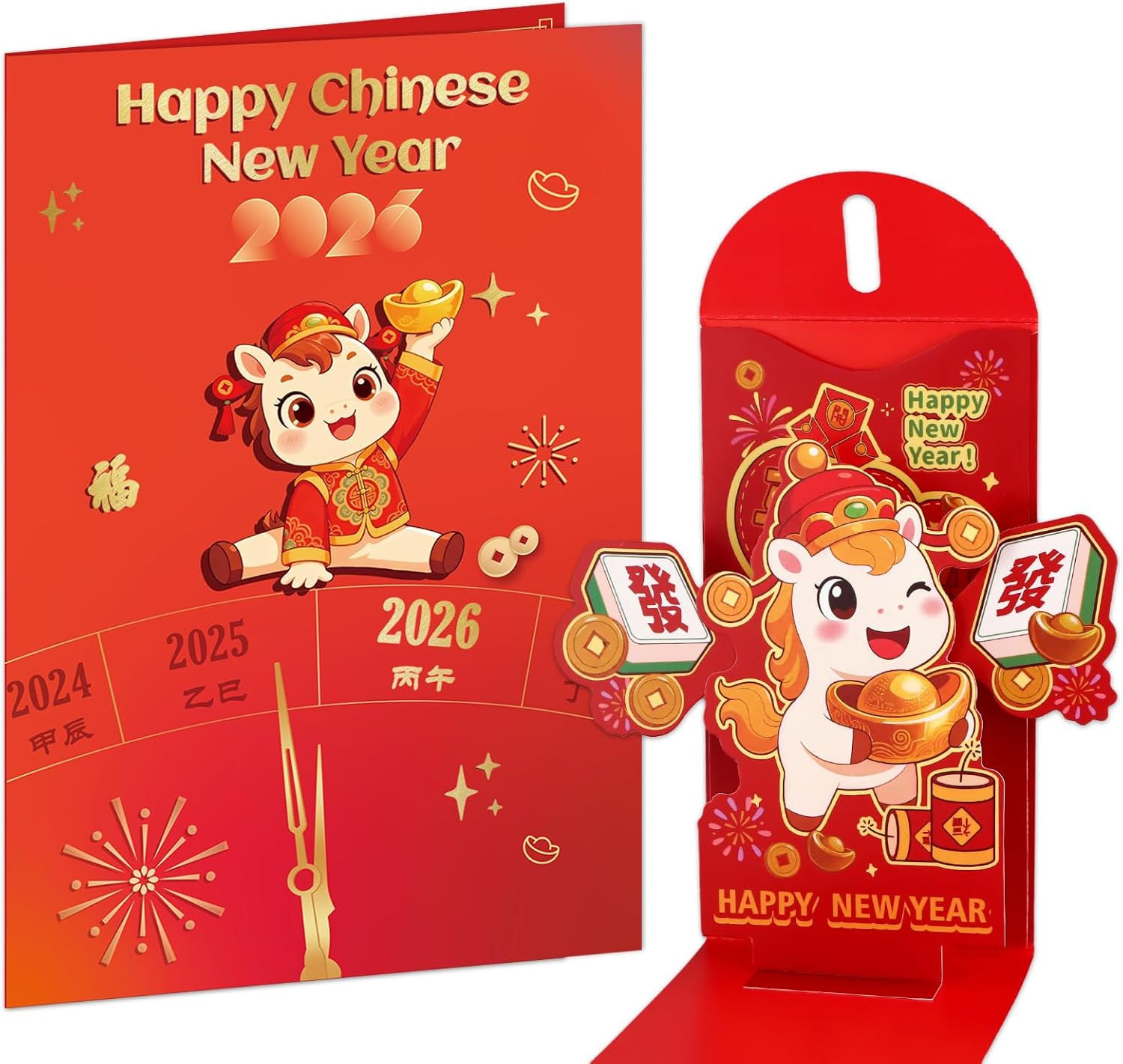 D4DREAM 2026 Year of the Horse Chinese New Year Card & 3D Red Envelope Set – Cute Horse Design, Wish You Prosperity Happy New Year Gift for Family Kids Friends Coworker