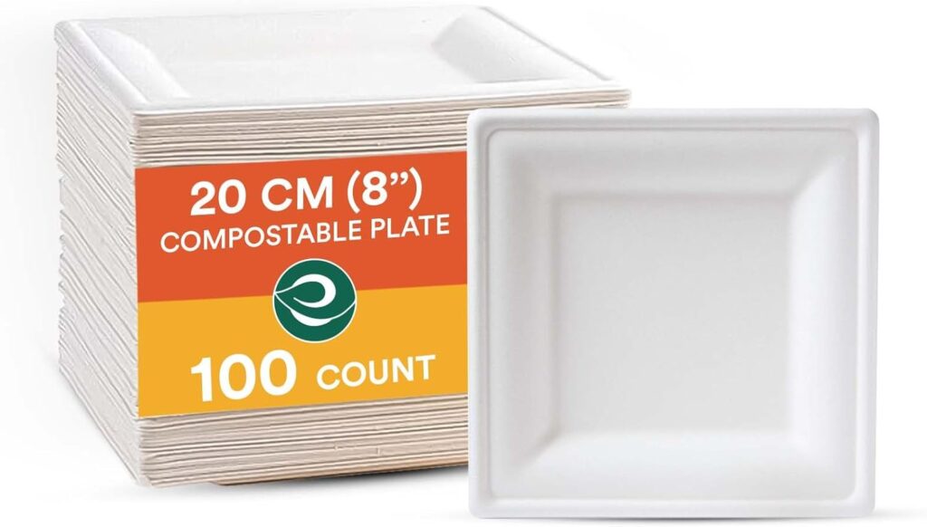 ECO SOUL 8 Inch Compostable Disposable Paper Plates [100 Pack] Food Safe 100% Virgin Bagasse Pulp Heavy Duty Biodegradable Microwave Safe Large Square Dinner Plate for Party, Picnic & BBQ (White)