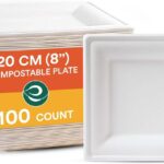 ECO SOUL 8 Inch Compostable Disposable Paper Plates [100 Pack] Food Safe 100% Virgin Bagasse Pulp Heavy Duty Biodegradable Microwave Safe Large Square Dinner Plate for Party, Picnic & BBQ (White)