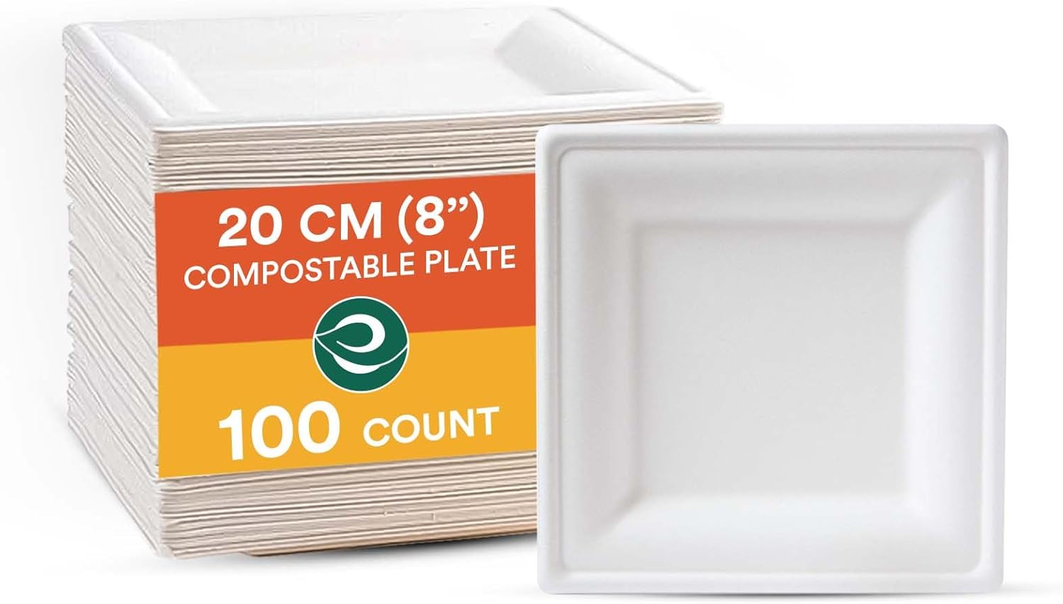 ECO SOUL 8 Inch Compostable Disposable Paper Plates [100 Pack] Food Safe 100% Virgin Bagasse Pulp Heavy Duty Biodegradable Microwave Safe Large Square Dinner Plate for Party, Picnic & BBQ (White)