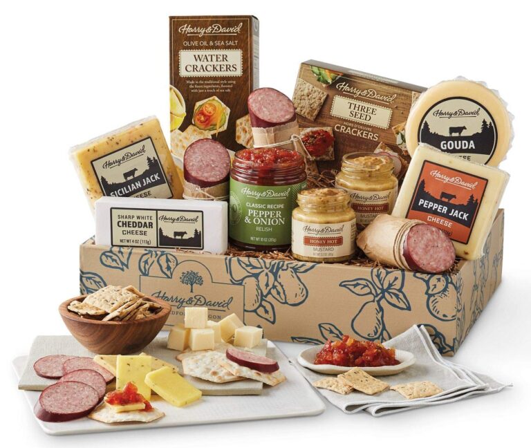 Harry & David Supreme Meat And Cheese Gift Box, Food Gift Basket, Charcuterie Platter, Food Baskets With 4 Cheese Blocks, 4 Sausages, 2 Sets Of Crackers, Relish & Honey Mustard Sauces