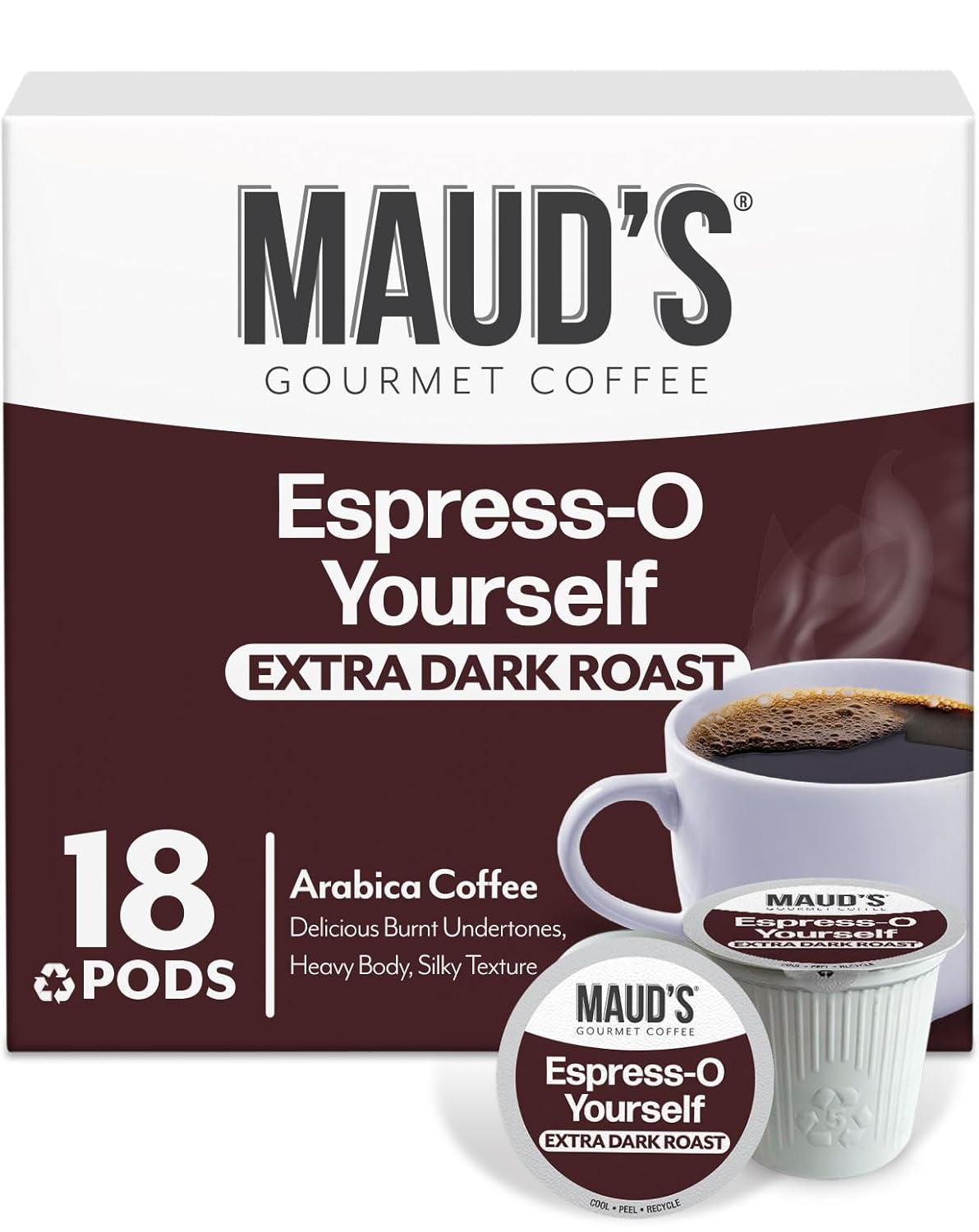 Maud’s Espresso Roast Coffee Pods, 18 ct, Dark Roast Coffee in Single Serve Pods – 100% Arabica Coffee, Compatible with Keurig K Cups Maker