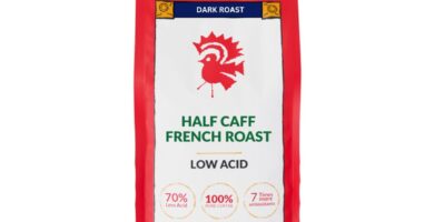 Puroast Low Acid Coffee Half Caff | Half Caff French Roast Ground | Dark Roast | High Antioxidants & High pH |No Bitter Aftertaste | Reduced Heartburn & GERD | Suitable for Cold Brew – 2.2 LB