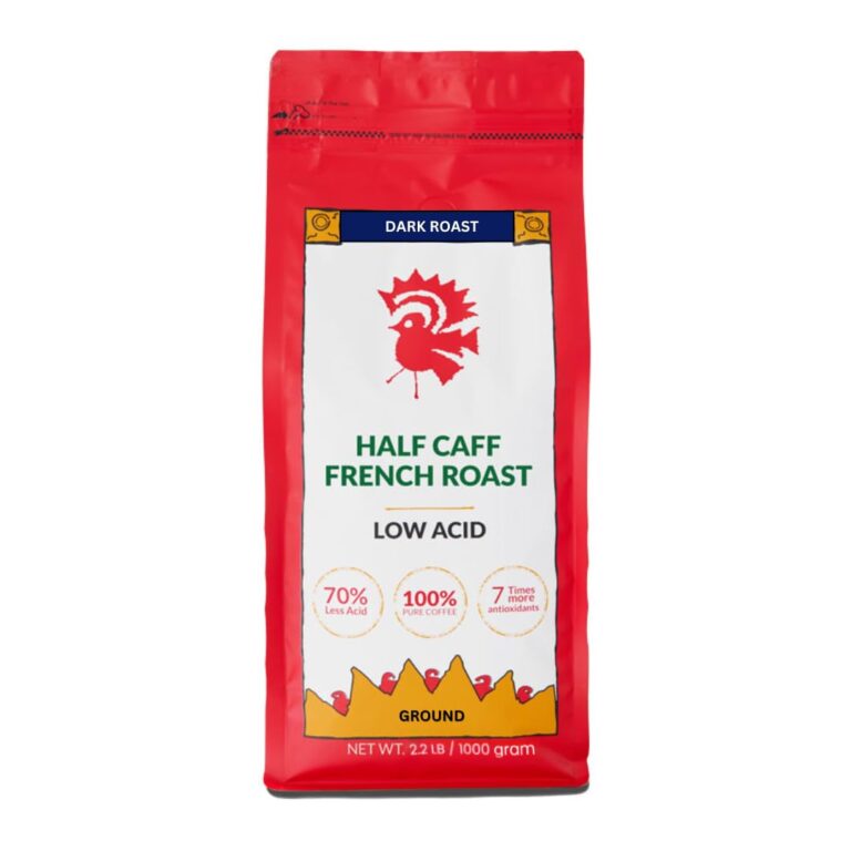 Puroast Low Acid Coffee Half Caff | Half Caff French Roast Ground | Dark Roast | High Antioxidants & High pH |No Bitter Aftertaste | Reduced Heartburn & GERD | Suitable for Cold Brew – 2.2 LB