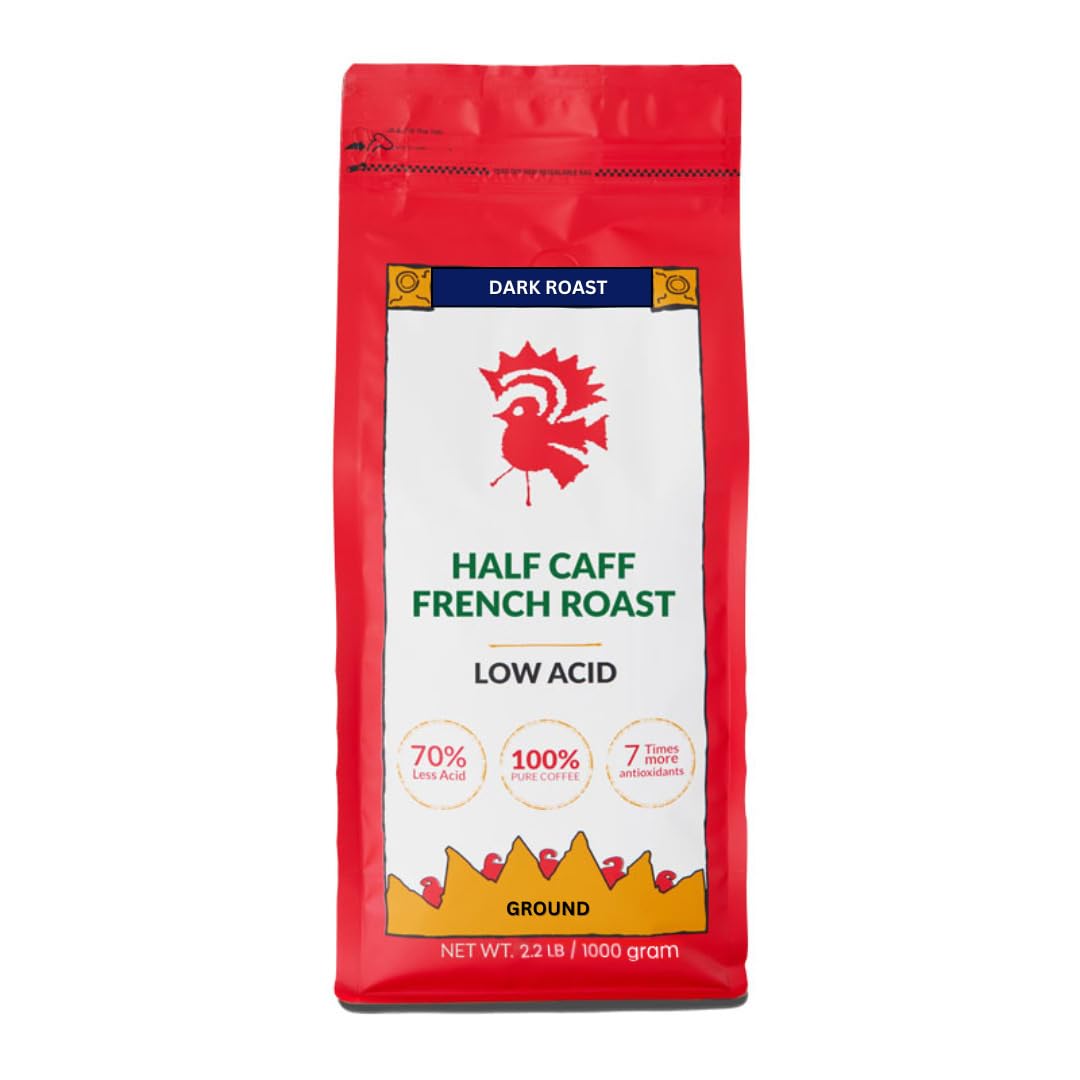 Puroast Low Acid Coffee Half Caff | Half Caff French Roast Ground | Dark Roast | High Antioxidants & High pH |No Bitter Aftertaste | Reduced Heartburn & GERD | Suitable for Cold Brew – 2.2 LB