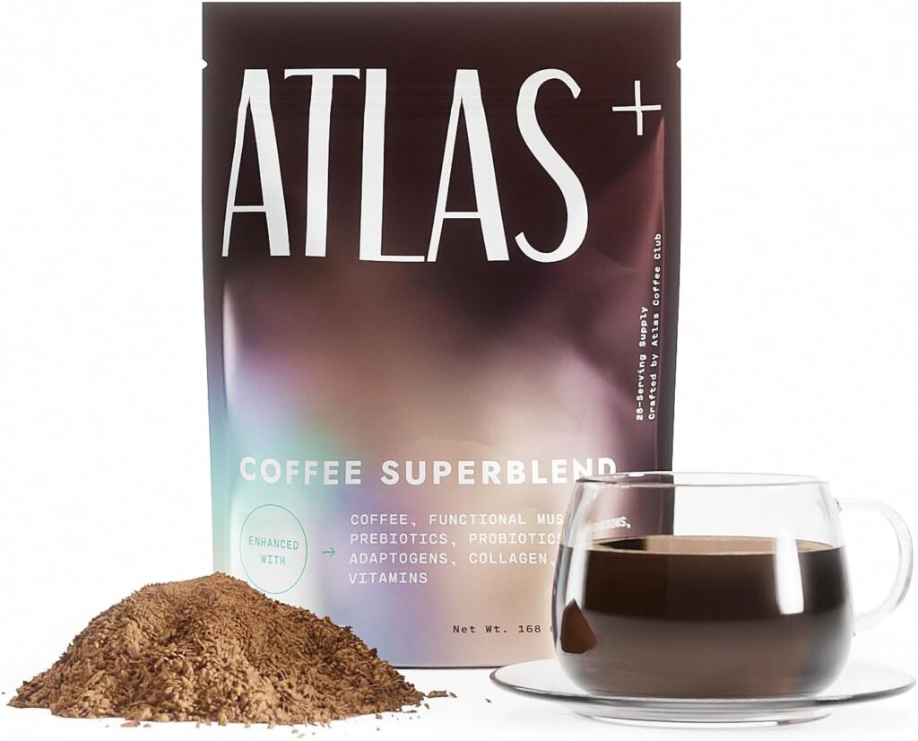 Atlas+ Mushroom Coffee Superblend– Premium Coffee with Collagen, Probiotics, D3 & B12, Lion’s Mane, Reishi, Cordyceps– for Energy, Focus, Immunity & Gut Health– 28 Servings (1 Bag)