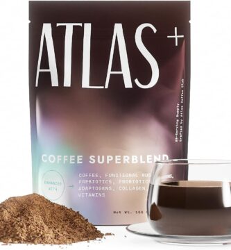 Atlas+ Mushroom Coffee Superblend– Premium Coffee with Collagen, Probiotics, D3 & B12, Lion’s Mane, Reishi, Cordyceps– for Energy, Focus, Immunity & Gut Health– 28 Servings (1 Bag)