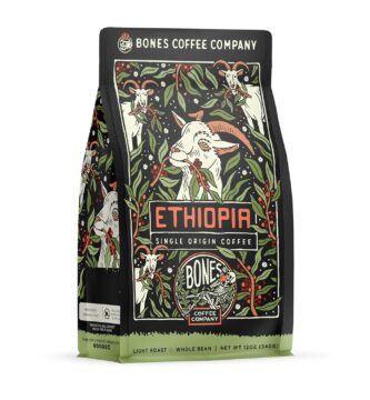 Bones Coffee Company Ethiopia Single-Origin, Citrus, Floral and Berries Notes, Whole Coffee Beans, Low Acid Medium Roast Arabica Beans Flavored Coffee, 12 oz Whole Bean
