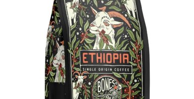 Bones Coffee Company Ethiopia Single-Origin, Citrus, Floral and Berries Notes, Whole Coffee Beans, Low Acid Medium Roast Arabica Beans Flavored Coffee, 12 oz Whole Bean