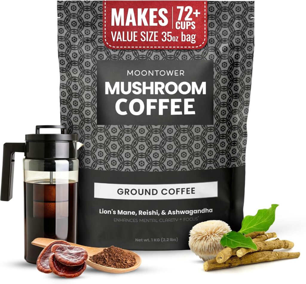 Moontower Adaptogen Mushroom Coffee Ground – Organic Mushroom Coffee with Lion’s Mane, Reishi & Ashwagandha, Medium Roast Nicaraguan Beans for Focus & Clarity, Energizing Balanced Brew – 35 oz Moontower Adaptogen Mushroom Coffee Ground – Organic Mushroom Coffee with Lion’s Mane, Reishi & Ashwagandha, Medium Roast Nicaraguan Beans for Focus & Clarity, Energizing Balanced Brew – 35 oz
