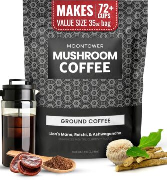 Moontower Adaptogen Mushroom Coffee Ground – Organic Mushroom Coffee with Lion’s Mane, Reishi & Ashwagandha, Medium Roast Nicaraguan Beans for Focus & Clarity, Energizing Balanced Brew – 35 oz