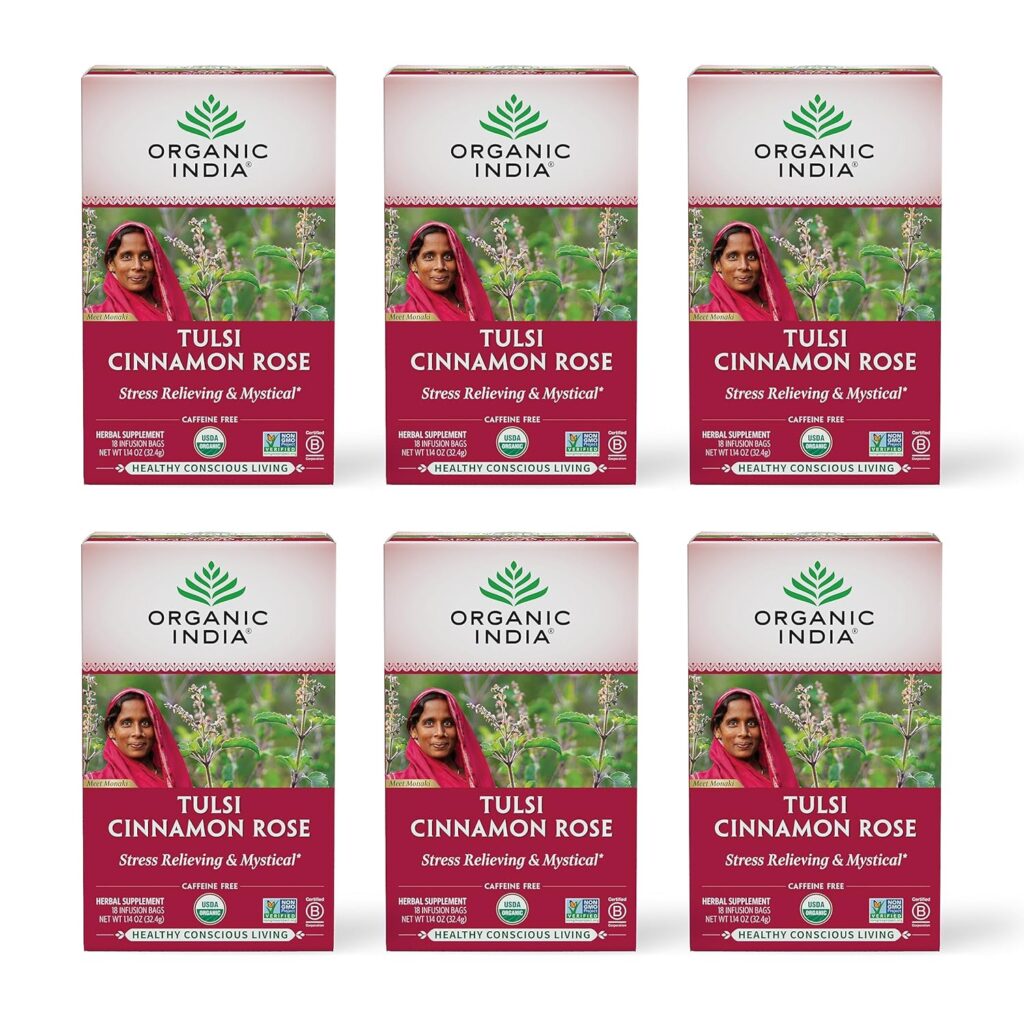 ORGANIC INDIA Tulsi Cinnamon Rose Tea Bags – Tulsi Rose Tea Bags, Cinnamon Tea Bags with Holy Basil, Chamomile, Stevia, USDA Certified Organic Caffeine Free Herbal Tea – 18 Infusion Bags, 6 Pack