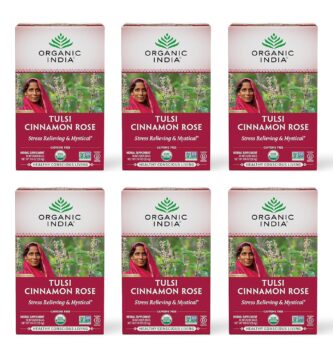 ORGANIC INDIA Tulsi Cinnamon Rose Tea Bags – Tulsi Rose Tea Bags, Cinnamon Tea Bags with Holy Basil, Chamomile, Stevia, USDA Certified Organic Caffeine Free Herbal Tea – 18 Infusion Bags, 6 Pack